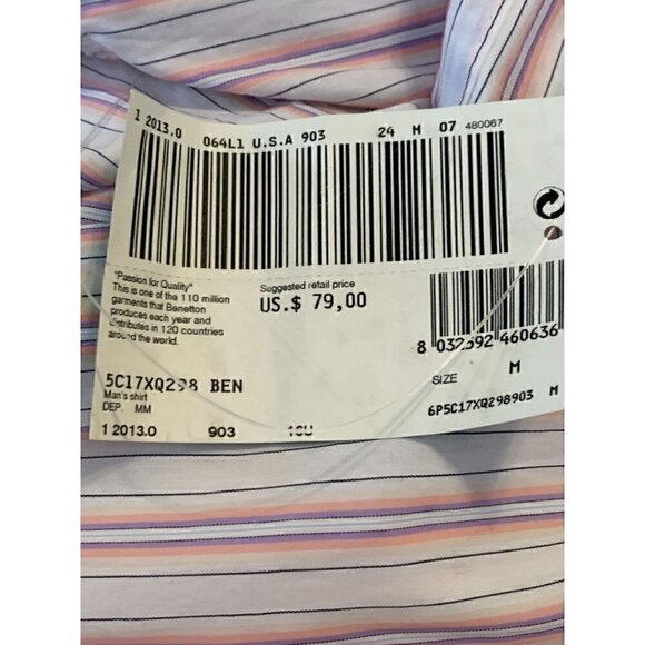 Men’s Benetton Long Sleeve Button Up Striped Pink Blouse Medium - Picture 5 of 8